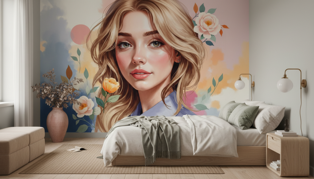 Portrait Féminin Floral avec Roses Peintes Style Artistique Moderne - Chambre adulte