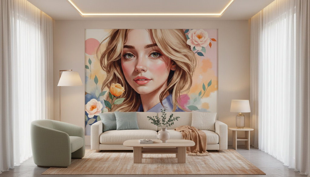 Portrait Féminin Floral avec Roses Peintes Style Artistique Moderne - Salon / Séjour