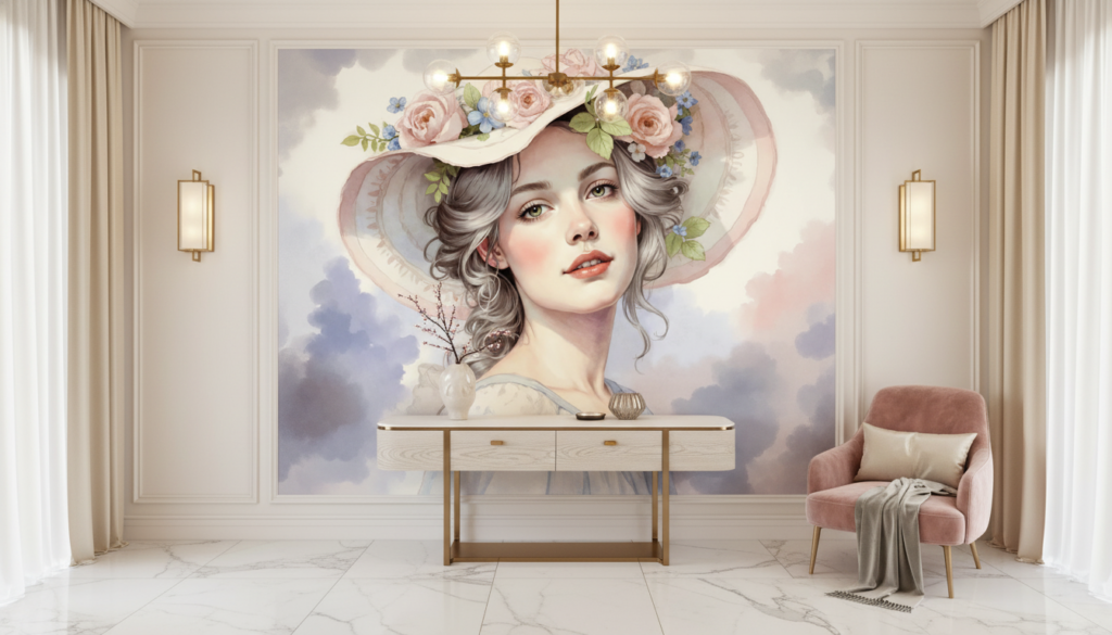 Portrait Féminin Romantique aux Fleurs Roses et Bleues Vintage - Boutique