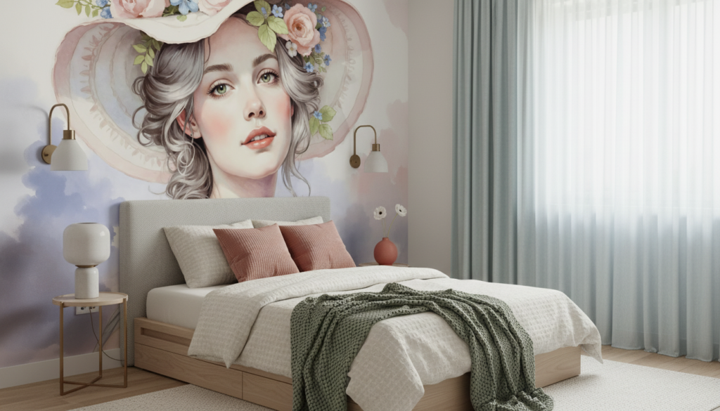 Portrait Féminin Romantique aux Fleurs Roses et Bleues Vintage - Chambre ado