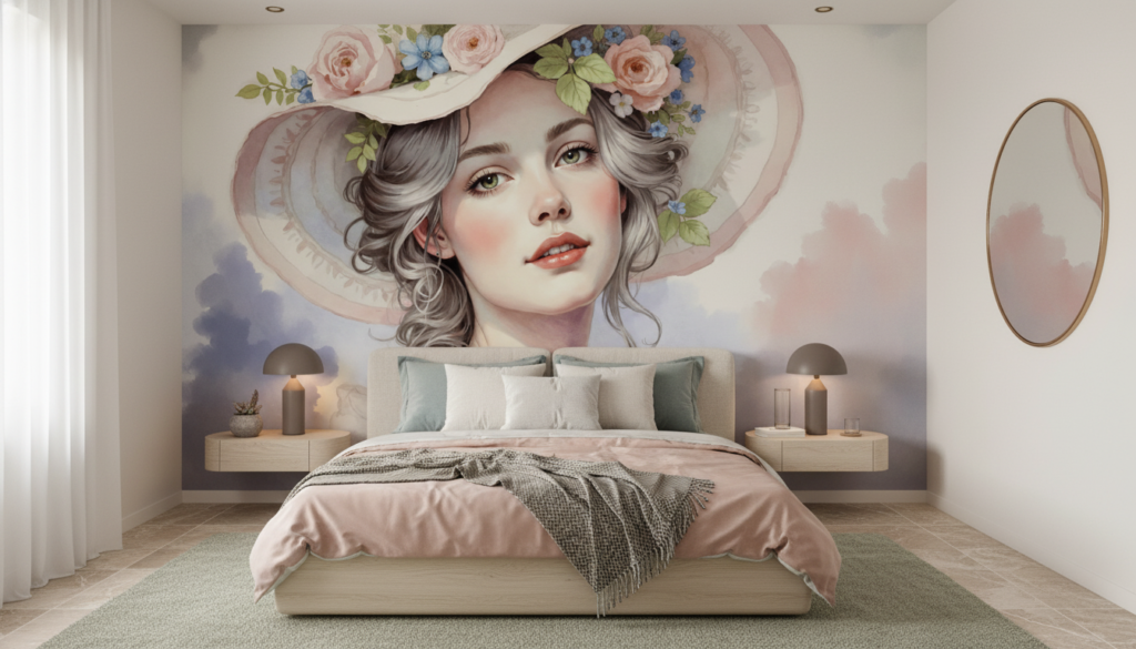 Portrait Féminin Romantique aux Fleurs Roses et Bleues Vintage - Chambre adulte