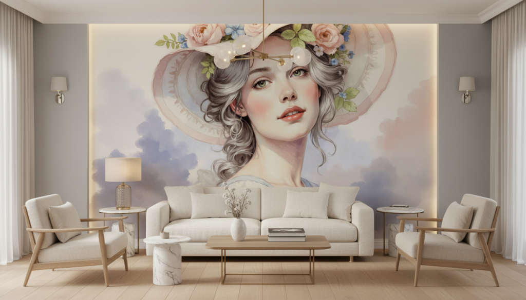 Portrait Féminin Romantique aux Fleurs Roses et Bleues Vintage - Salon / Séjour