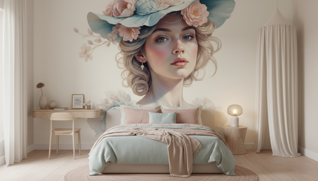 Portrait Féminin Romantique aux Fleurs Roses et Bleues Vintage - Chambre ado