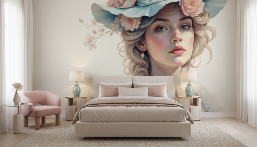 Portrait Féminin Romantique aux Fleurs Roses et Bleues Vintage - Chambre adulte