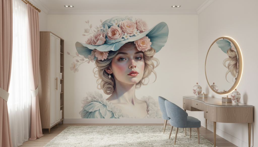 Portrait Féminin Romantique aux Fleurs Roses et Bleues Vintage - Dressing