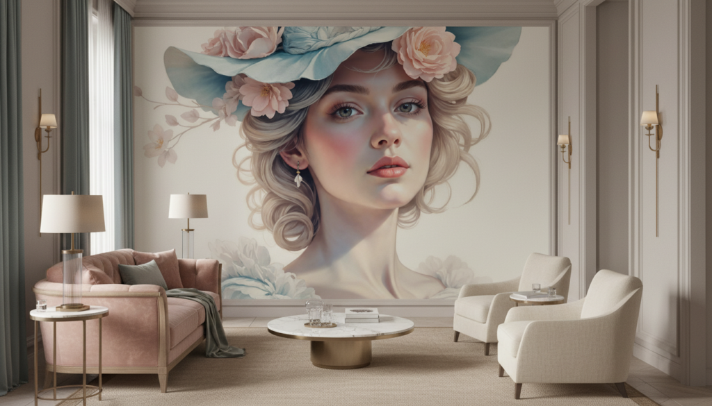 Portrait Féminin Romantique aux Fleurs Roses et Bleues Vintage - Salon / Séjour