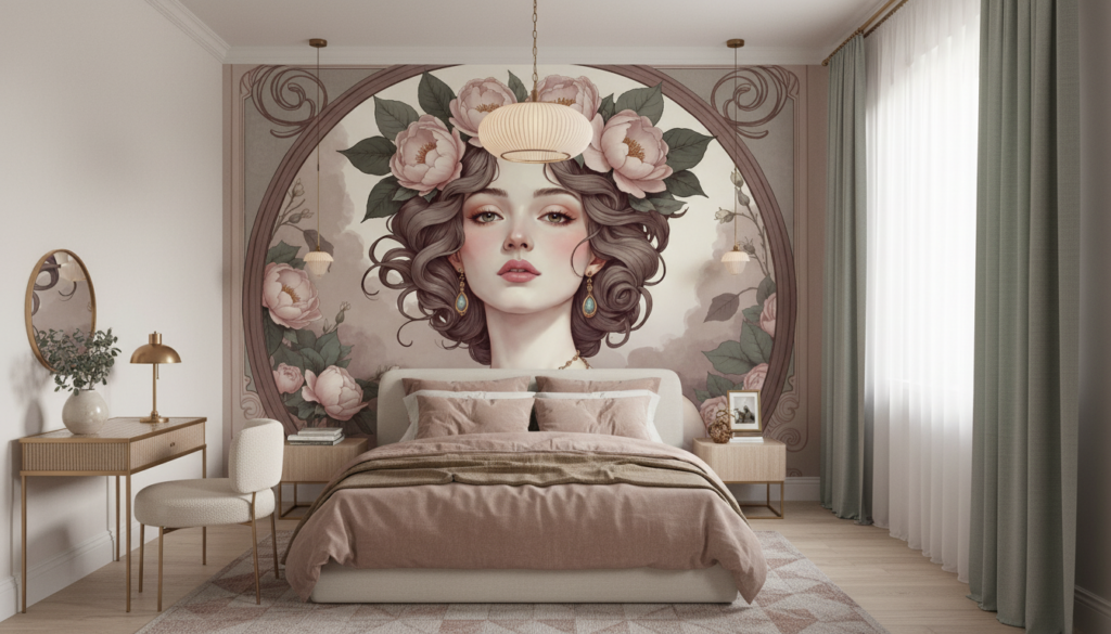 Portrait Féminin Vintage avec Pivoines Roses et Ornements Dorés - Chambre ado