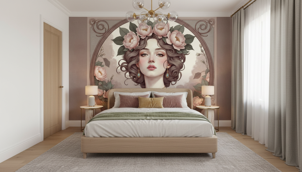 Portrait Féminin Vintage avec Pivoines Roses et Ornements Dorés - Chambre adulte