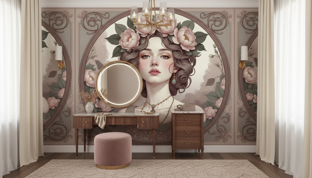 Portrait Féminin Vintage avec Pivoines Roses et Ornements Dorés - Dressing