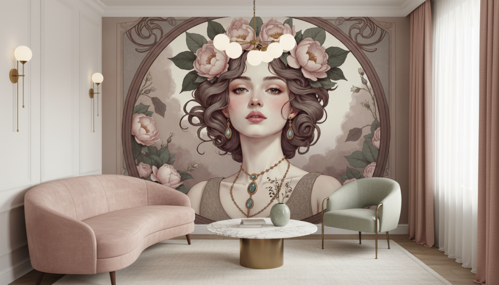 Portrait Féminin Vintage avec Pivoines Roses et Ornements Dorés - Salon / Séjour