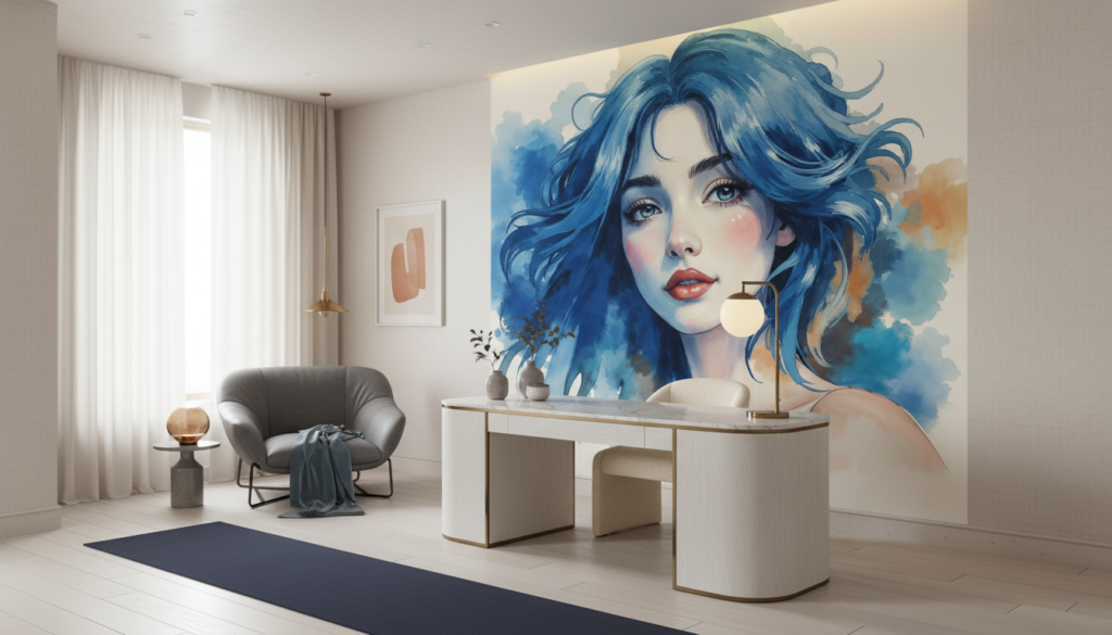 Portrait féminin aquarelle aux cheveux bleus ondulants sur fond artistique - Bureau