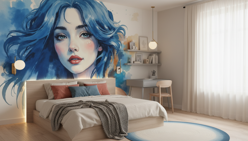 Portrait féminin aquarelle aux cheveux bleus ondulants sur fond artistique - Chambre ado