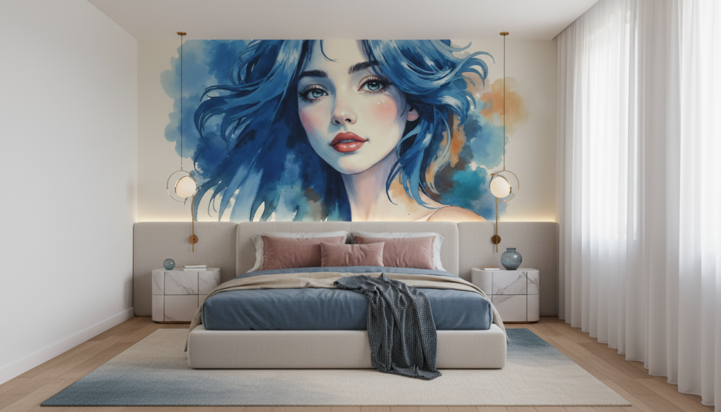 Portrait féminin aquarelle aux cheveux bleus ondulants sur fond artistique - Chambre adulte