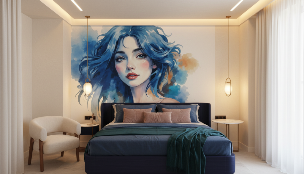 Portrait féminin aquarelle aux cheveux bleus ondulants sur fond artistique - Hôtel