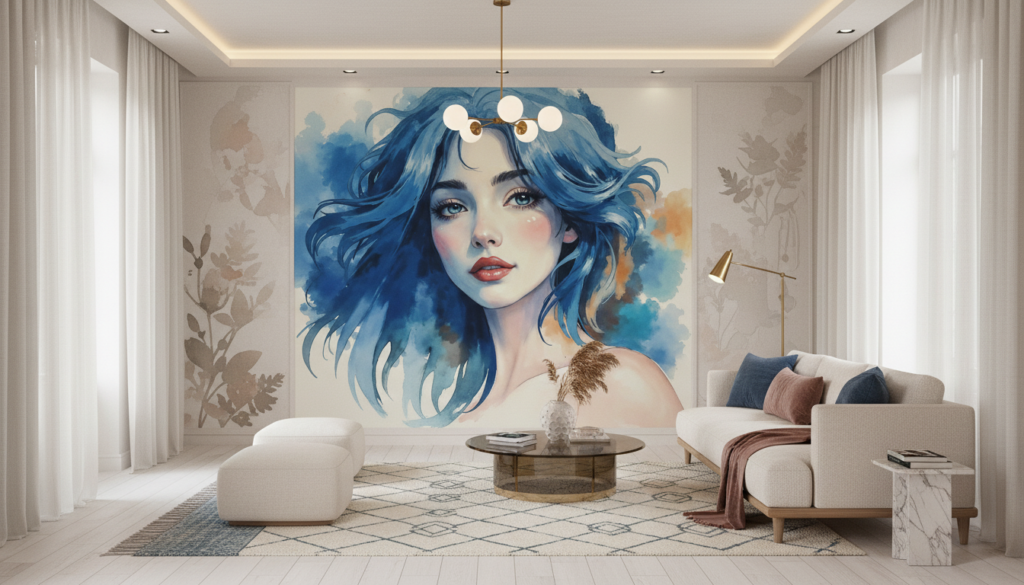 Portrait féminin aquarelle aux cheveux bleus ondulants sur fond artistique - Salon / Séjour