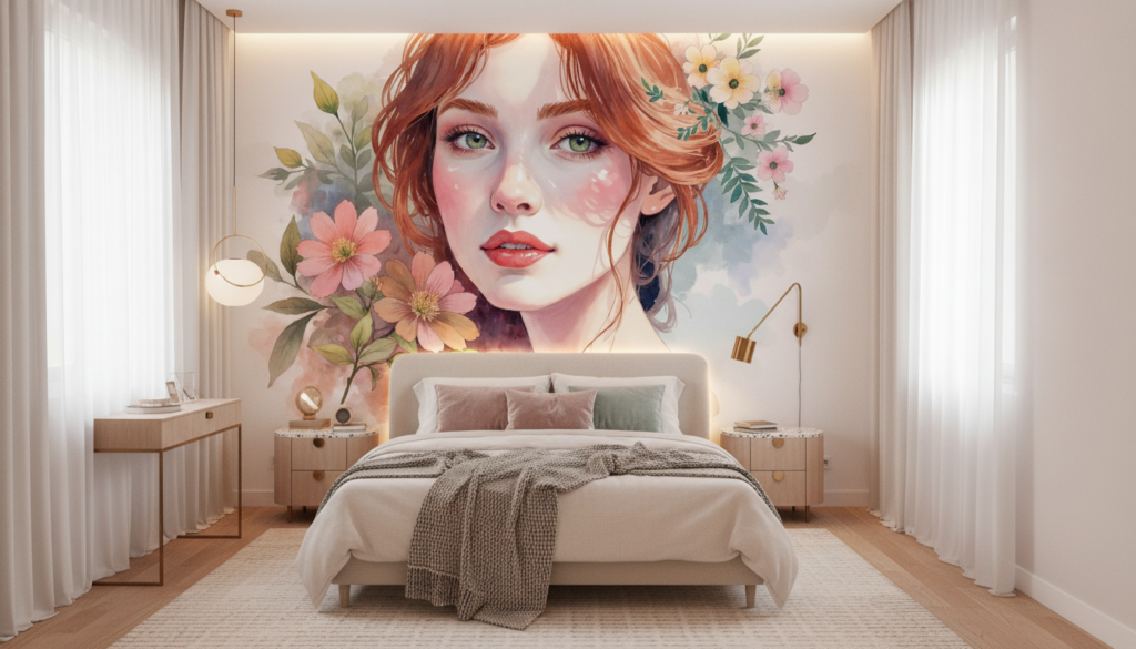 Portrait féminin aquarelle avec fleurs délicates tons pastel romantiques - Chambre ado