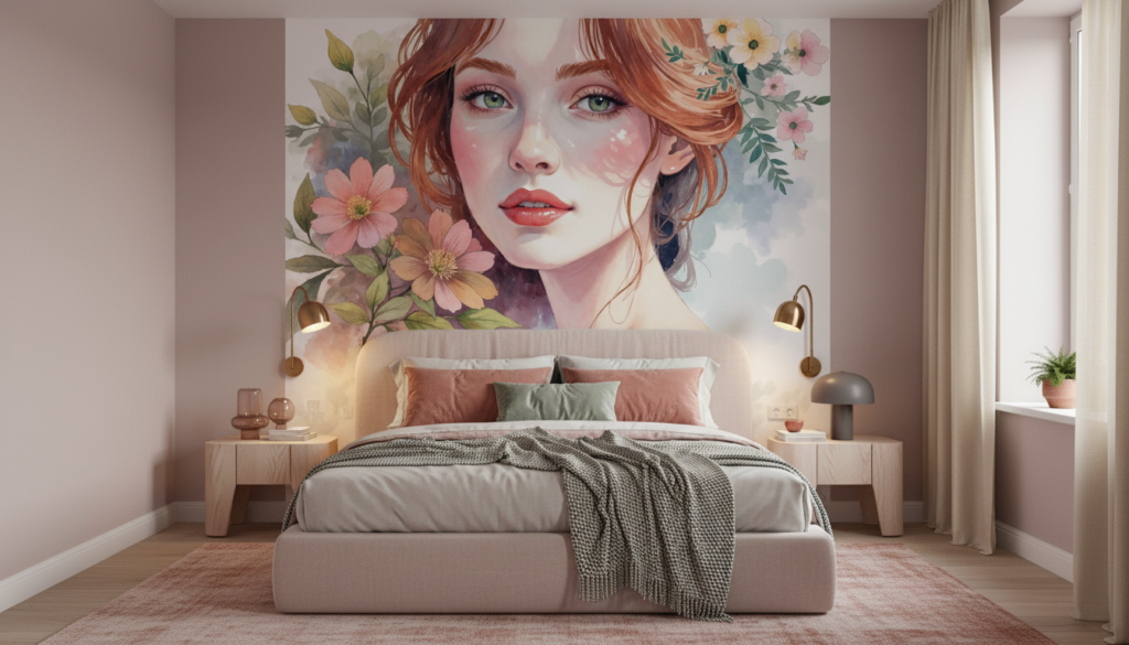 Portrait féminin aquarelle avec fleurs délicates tons pastel romantiques - Chambre adulte