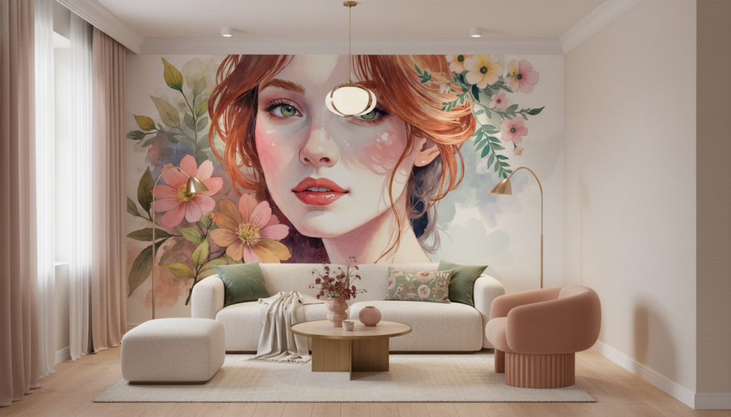 Portrait féminin aquarelle avec fleurs délicates tons pastel romantiques - Salon / Séjour