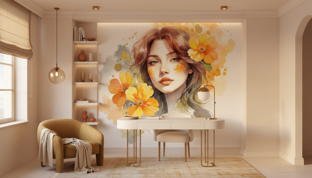 Portrait Féminin Aquarelle avec Fleurs Dorées et Oranges Éclatantes - Bureau