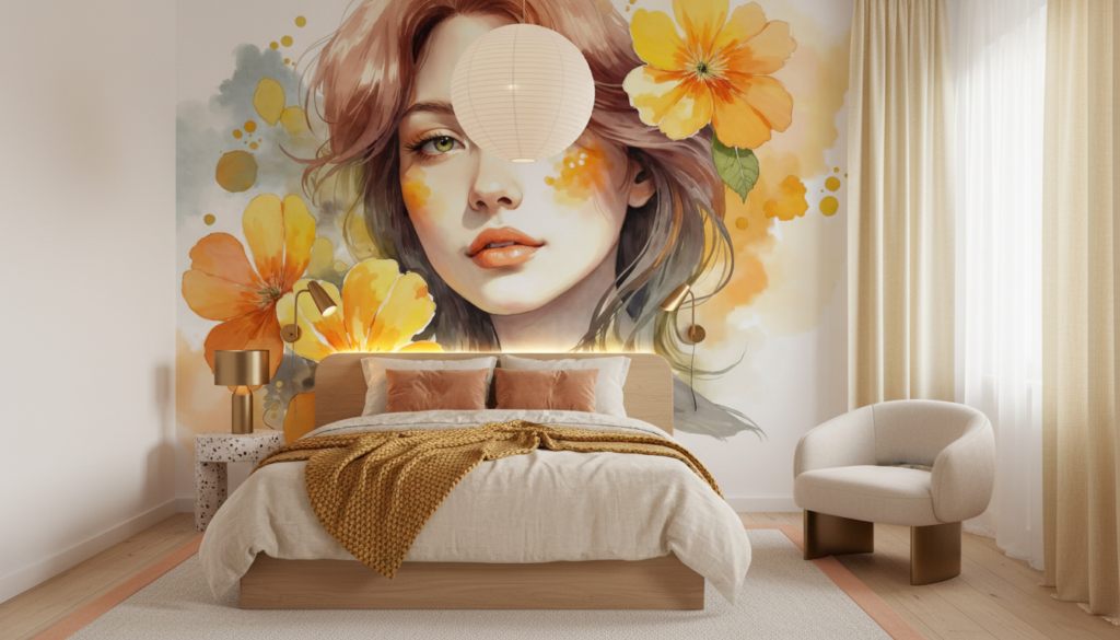 Portrait Féminin Aquarelle avec Fleurs Dorées et Oranges Éclatantes - Chambre ado