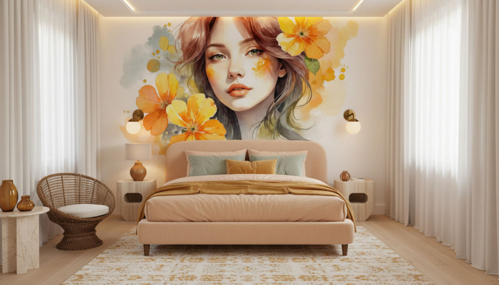 Portrait Féminin Aquarelle avec Fleurs Dorées et Oranges Éclatantes - Chambre adulte