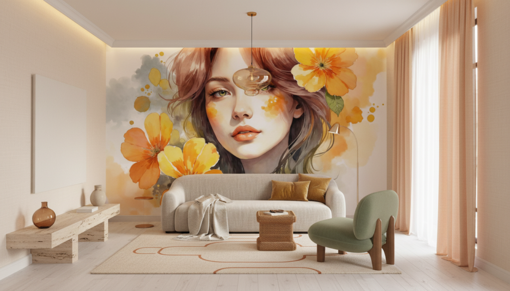 Portrait Féminin Aquarelle avec Fleurs Dorées et Oranges Éclatantes - Salon / Séjour