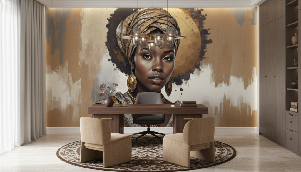 Portrait Femme Africaine Élégante Turban Doré Aquarelle Artistique - Bureau