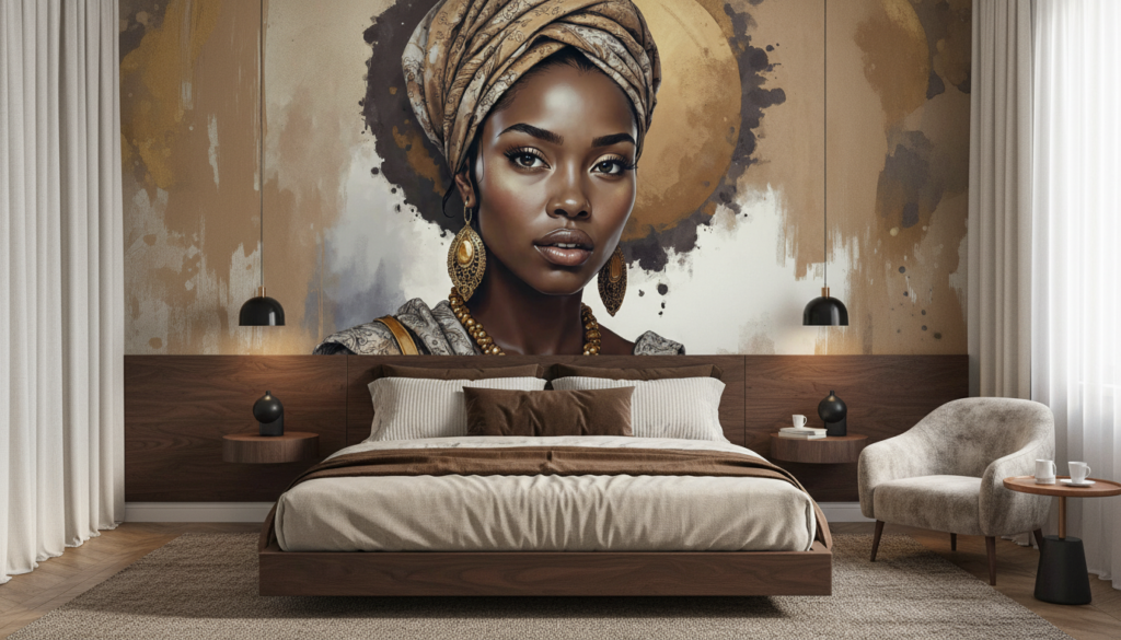 Portrait Femme Africaine Élégante Turban Doré Aquarelle Artistique - Chambre adulte