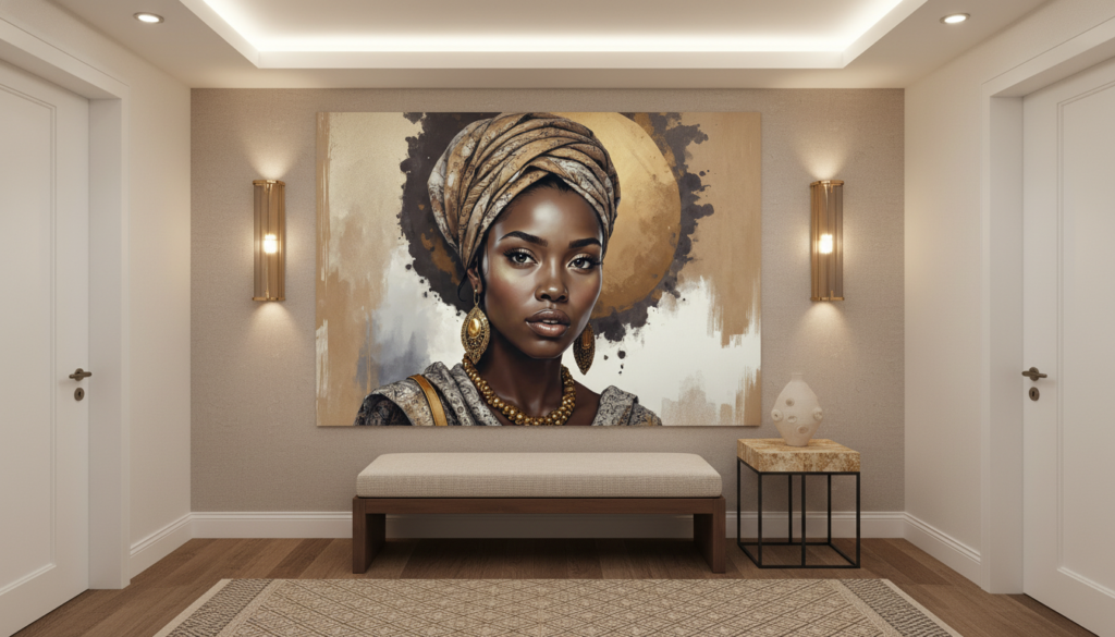 Portrait Femme Africaine Élégante Turban Doré Aquarelle Artistique - Entrée