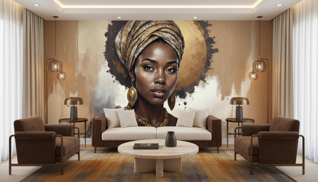 Portrait Femme Africaine Élégante Turban Doré Aquarelle Artistique - Hôtel