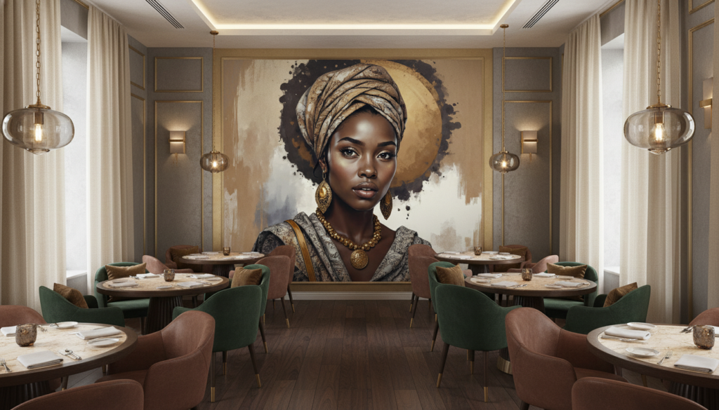 Portrait Femme Africaine Élégante Turban Doré Aquarelle Artistique - Restaurant