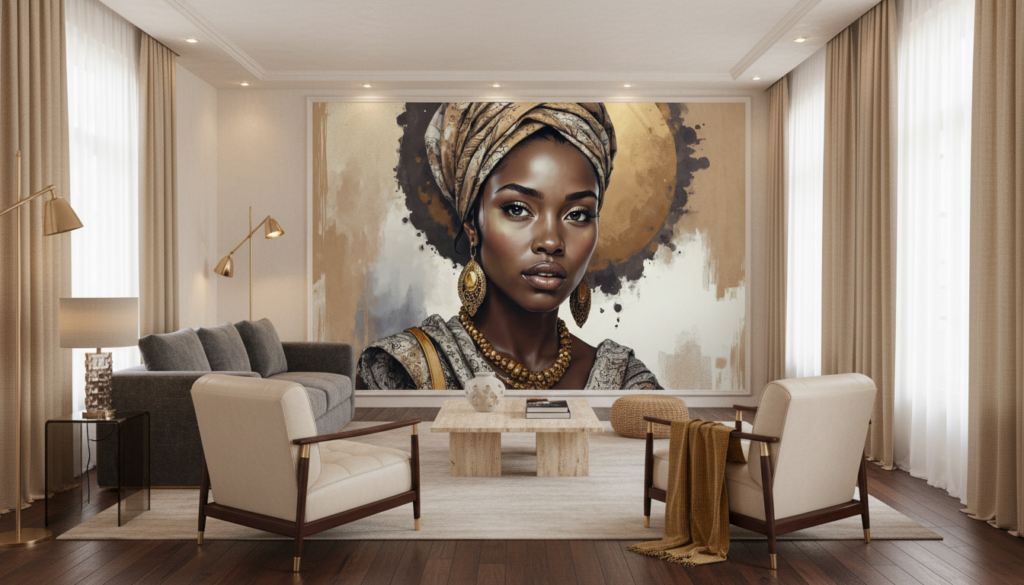 Portrait Femme Africaine Élégante Turban Doré Aquarelle Artistique - Salon / Séjour