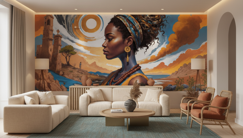 Portrait Femme Africaine Paysage Côtier Coucher Soleil Spirituel - Salon / Séjour