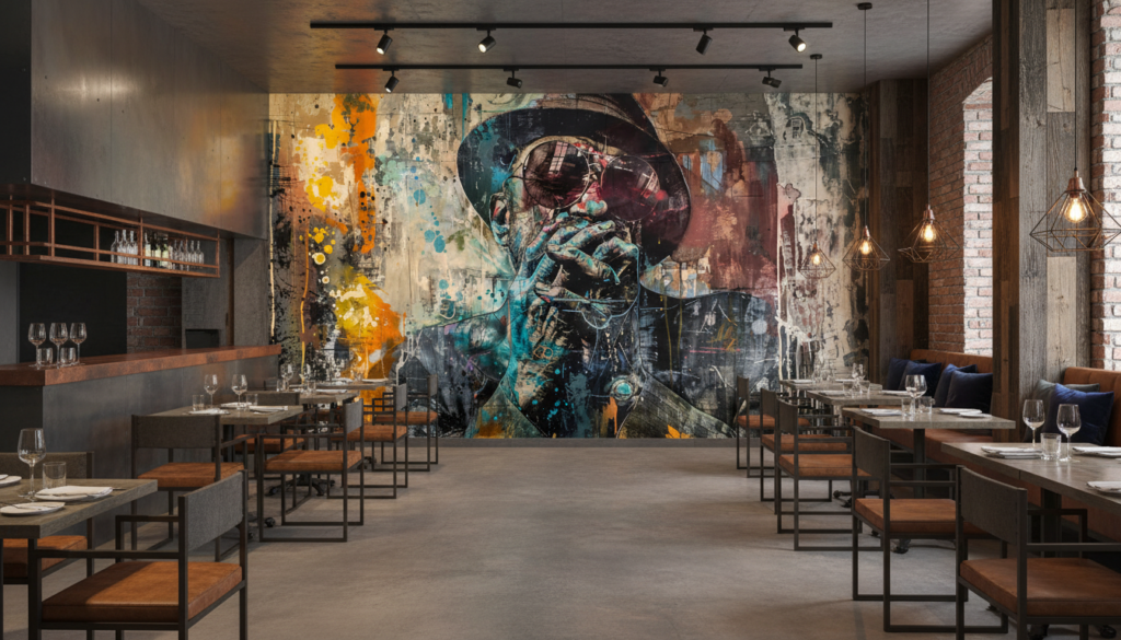Portrait Street Art Abstrait Multicolore Style Graffiti Urbain Contemporain - Restaurant