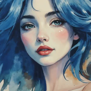 Portrait féminin aquarelle aux cheveux bleus ondulants sur fond artistique