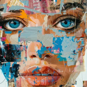 Portrait Artistique Abstrait aux Yeux Bleus Style Street Art