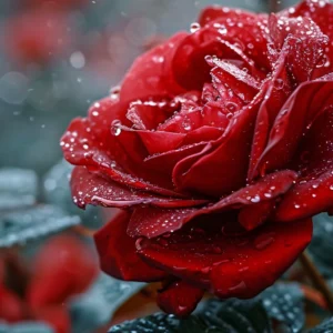 Rose rouge éclatante avec gouttes de rosée sur fond naturel