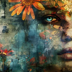 Papier peint artistique portrait féminin avec fleurs colorées style vintage