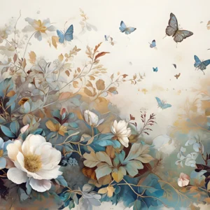 Papier peint romantique aux fleurs blanches et papillons bleus vintage