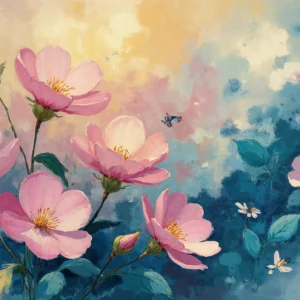 Papier peint aquarelle cosmos roses et papillons sur fond bleu nuageux