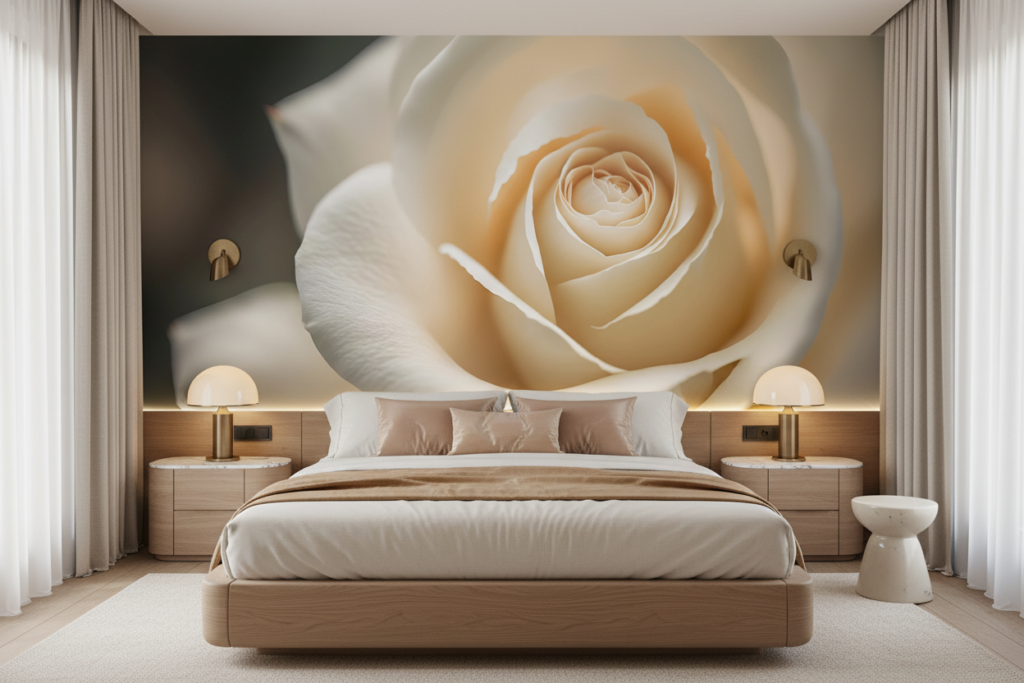 Rose Blanche Délicate aux Nuances Dorées en Macro Détaillé - Chambre adulte