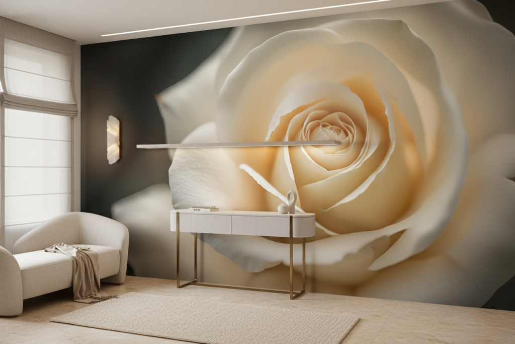 Rose Blanche Délicate aux Nuances Dorées en Macro Détaillé - Entrée