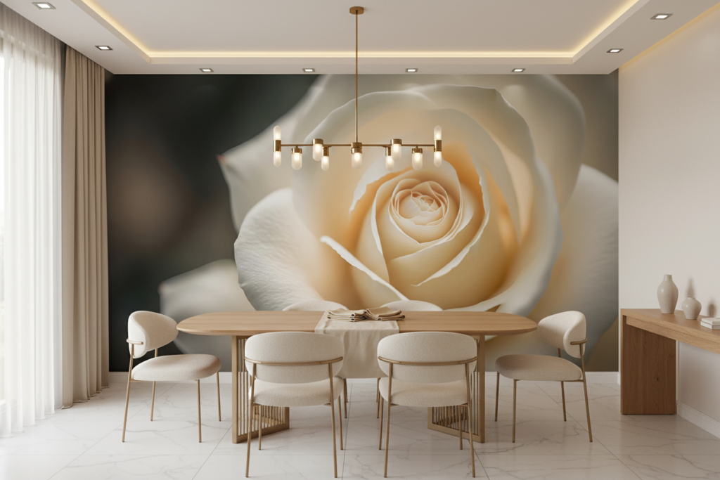 Rose Blanche Délicate aux Nuances Dorées en Macro Détaillé - Salle à manger