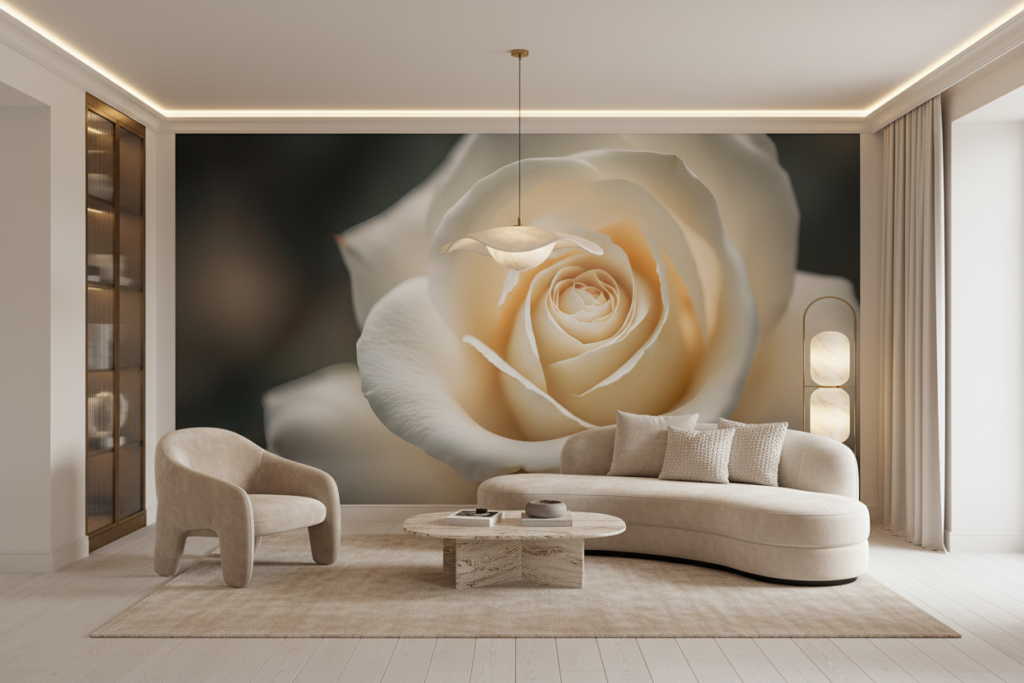 Rose Blanche Délicate aux Nuances Dorées en Macro Détaillé - Salon / Séjour