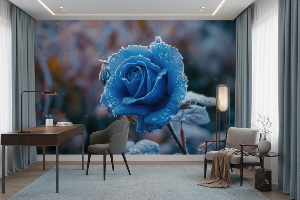 Rose bleue givrée avec cristaux de glace sur fond hivernal - Bureau