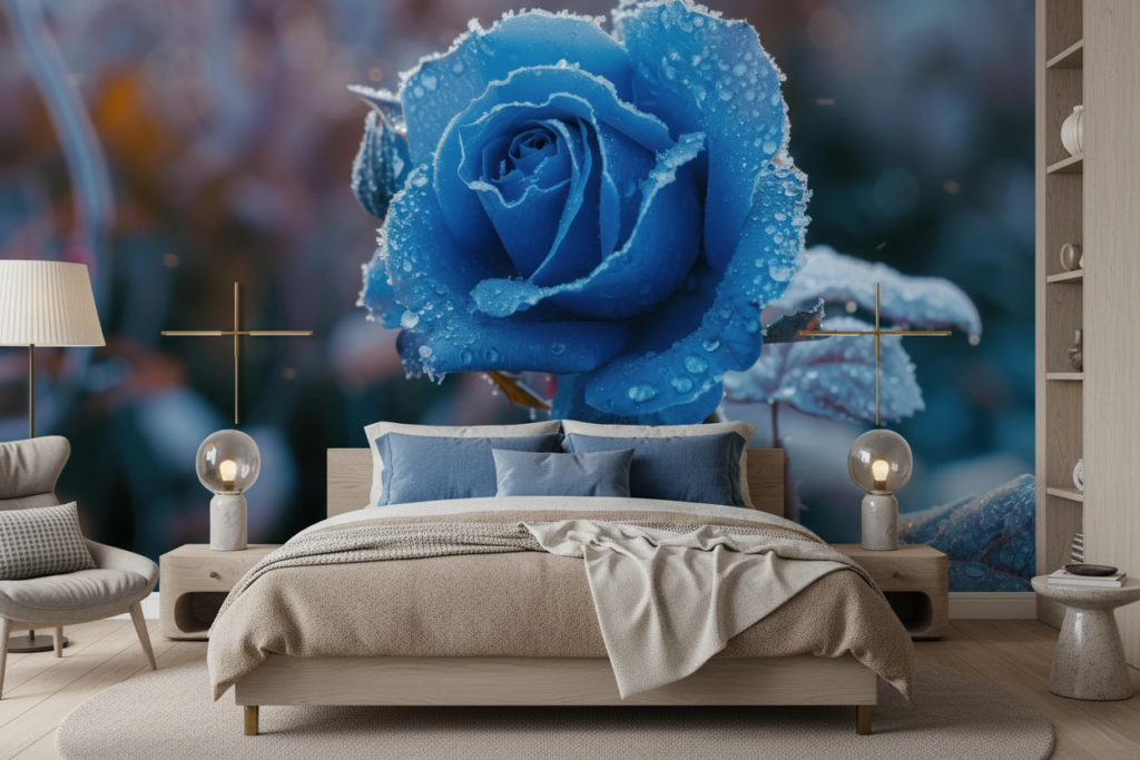 Rose bleue givrée avec cristaux de glace sur fond hivernal - Chambre adulte