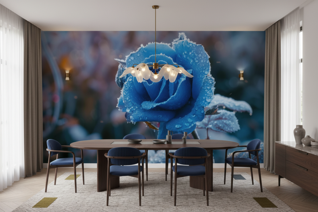 Rose bleue givrée avec cristaux de glace sur fond hivernal - Salle à manger