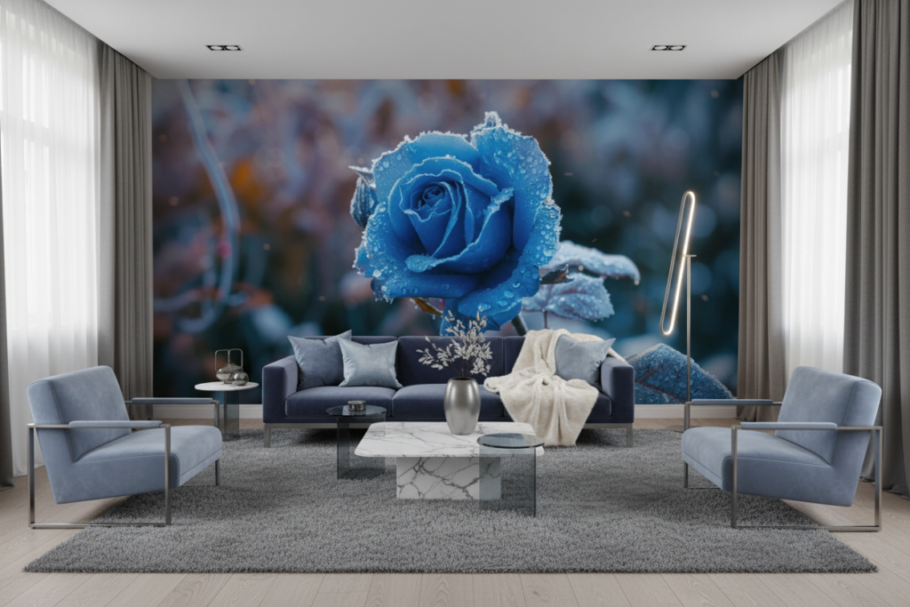 Rose bleue givrée avec cristaux de glace sur fond hivernal - Salon / Séjour