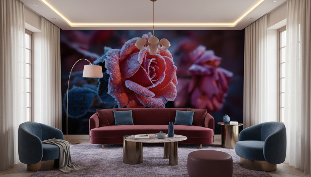 Rose Givrée Romantique sur Fond Coloré Moderne - Salon / Séjour