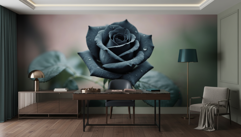 Rose Noire Élégante avec Gouttes de Rosée sur Fond Flou - Bureau